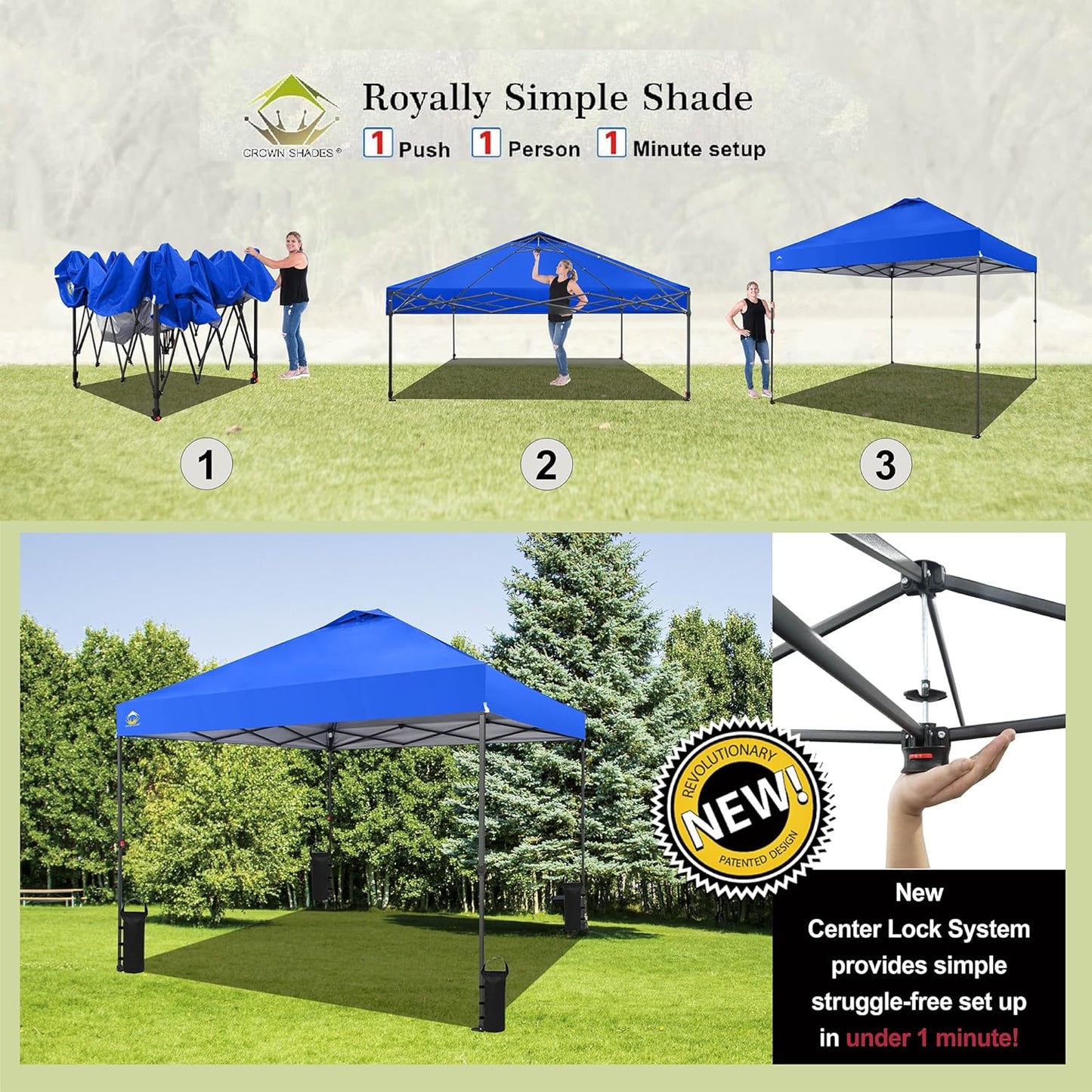 CROWN SHADES 10x10 Pop Up Canopy Tent - Patented Center Lock One Push Instant Outdoor Canopy Beach Tent with STO-N-Go Bag 8 Stakes & 4 Sand Bags，Blue
