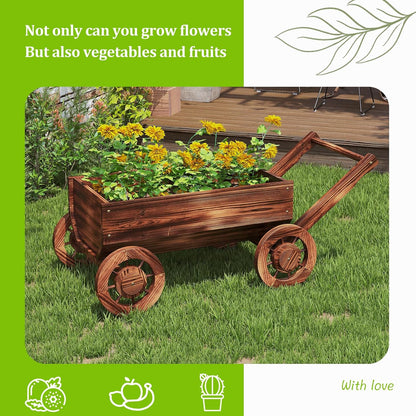 Wooden Flower Cart with Wheels Wooden Wagon Planter Outdoor Garden Planter Decor Planter for Patio Balcony Trolley Decoration Succulent Flower Pot, Indoor Backyard Balcon Decor.（L）