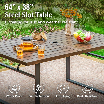 Outdoor Patio Dining Table for 6, Teak Rectangle Patio Table with Umbrella Hole, E-Coating and Powder Coating Steel Frame Metal Table for Garden Backyard Lawn Yard