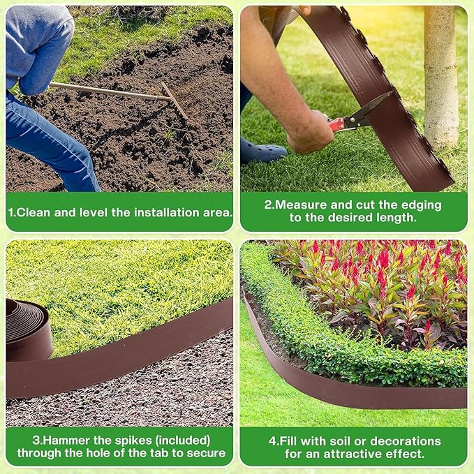 Landscape Edging Coil 66 FT, 4 Inch Tall Garden Edging Border Flexible Lawn Edging Kit with 60 Spikes, Plastic Edging for Landscaping Flower Beds Yard Pathway Paver Edging (4IN x 66FT, Brown)