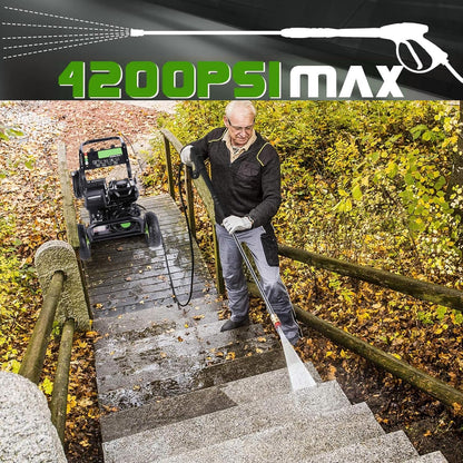 Professional 4200PSI 4GPM 196CC Gas Pressure Washer, Commercial Gas Power Washer with 5 Nozzles 25FT Hose Foam Bottle for Car Fence Driveway Yard (EPA/CARB/ETL Compliant), 2 Green Wheels