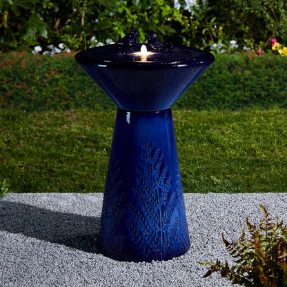 Glitzhome 27.5"H Outdoor Garden Water Fountain with LED Lights and Pump, Cobalt Blue Two Birds Embossed Plant Pattern Pedestal Ceramic Floor-Standing Fountain for Porch Deck Patio Backyard Decoration