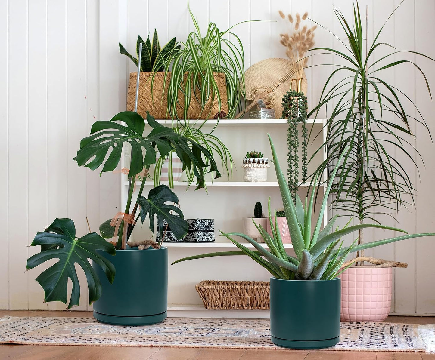 D'vine Dev 8 Inch & 10 Inch Ceramic Planter Pot for Plants with Drainage Hole and Saucer, Large Plant Pots Set, Teal, 94-G-L-9