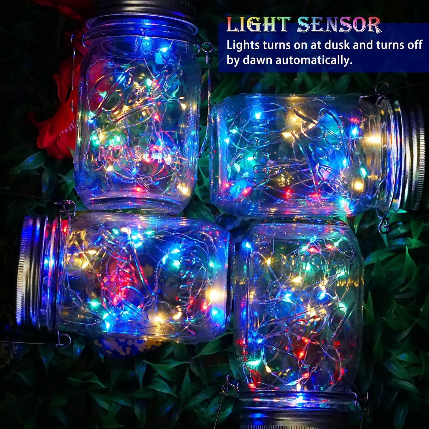 SunKite Solar Mason Jar Lights [Updated], 8 Pack 20 LED Waterproof Fairy Firefly Jar Lids String Lights with Hangers(NO Jars), Patio Yard Garden Wedding Decoration(Multi-Colored)