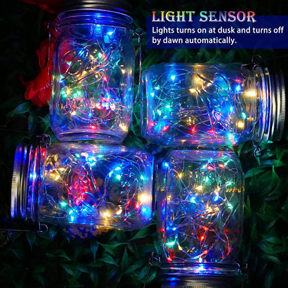 SunKite Solar Mason Jar Lights [Updated], 8 Pack 20 LED Waterproof Fairy Firefly Jar Lids String Lights with Hangers(NO Jars), Patio Yard Garden Wedding Decoration(Multi-Colored)