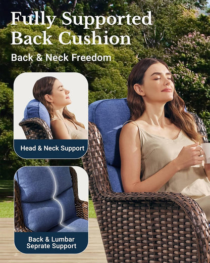 HILLGA Luxury Patio Furniture Set with 6-inch Thick Cushion, Outdoor High Back Swivel Rocker Patio Chairs, 5PCS Wicker Conversation Set for Deck Yard and Poolside, Blue (V2)