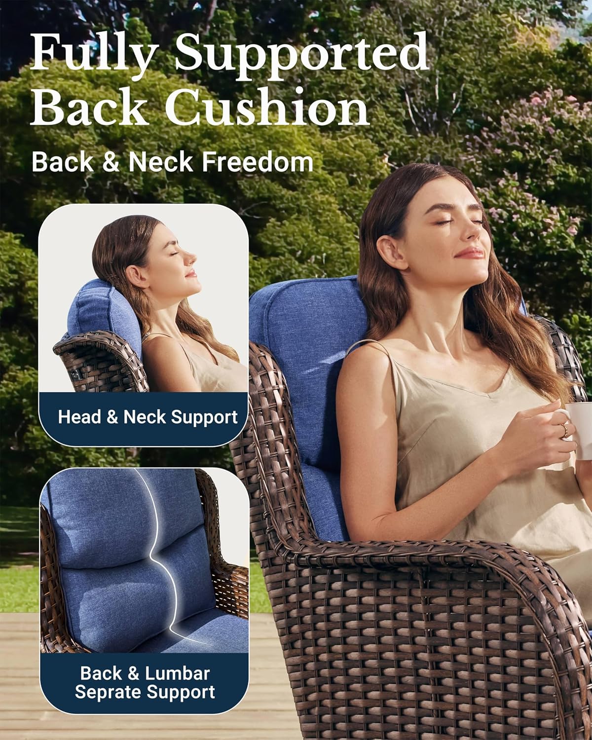 HILLGA Luxury Patio Furniture Set with 6-inch Thick Cushion, Outdoor Couch, Loveseat and High Back Swivel Rocker Patio Chairs, 7PCS Wicker Conversation Set for Deck Yard and Poolside, Blue (V2)