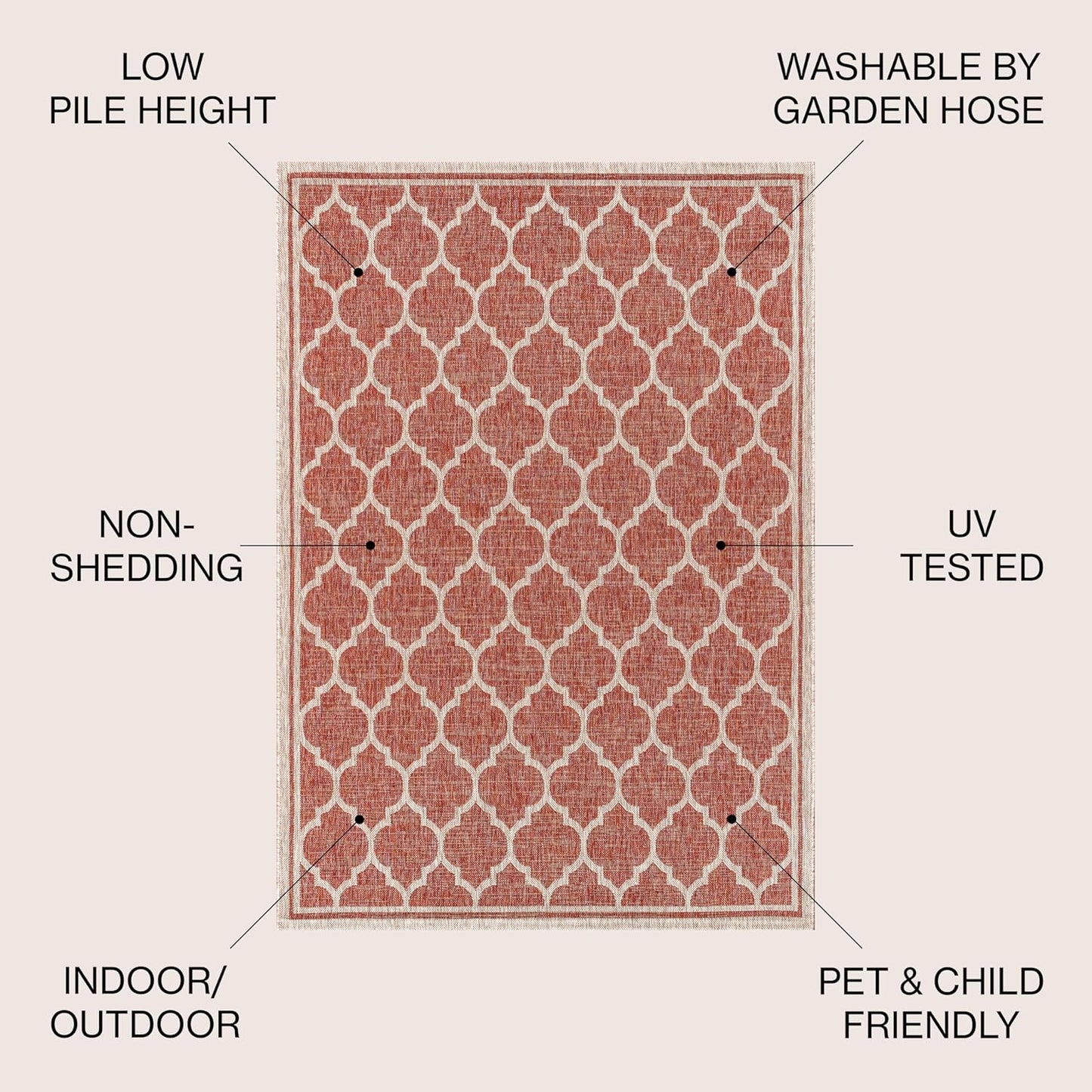 Eyely BMS109C-6SQ Santa Monica Trebol Moroccan Trellis Textured Weave, Pet Friendly, Non-Shedding, Stain Resistant, Easy-Cleaning, Red/Beige, 6' Square, Indoor/Outdoor, Area Rug
