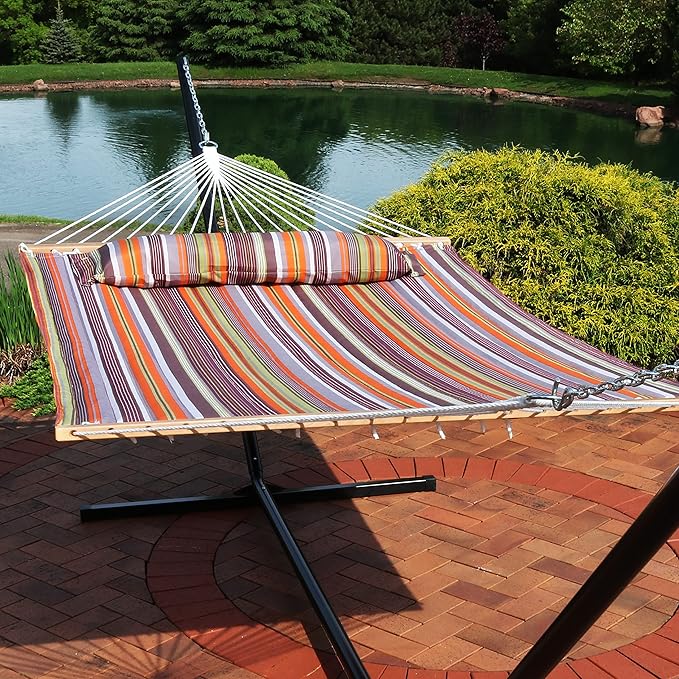 Sunnydaze Quilted Outdoor Hammock with Spreader Bars - Heavy-Duty 450-Pound Capacity Double Hammock for Outside - Canyon Sunset