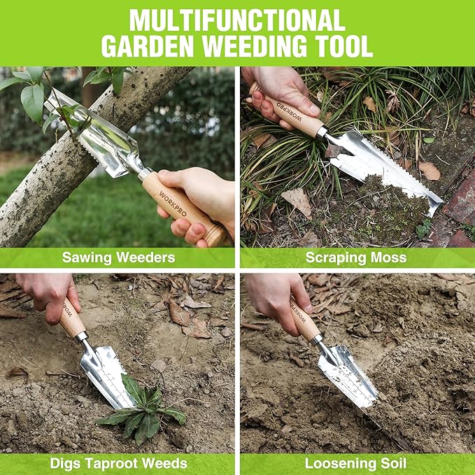 WORKPRO Garden Trowel with Wood Handle, Stainless Steel Narrow Hand Shovel, Multi- Use Flat Garden Trowel for Planting, Weeding, Transplanting, Digging, Small Weeding Knife for Gardening