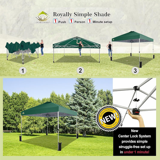 CROWN SHADES 10x10 Pop Up Canopy - Beach Tent with One Push Setup - Easy Outdoor Sun Shade for Events, Parties, Camping - Gazebo with STO-N-Go Cover Bag, Silver Coated Top, Forest Green