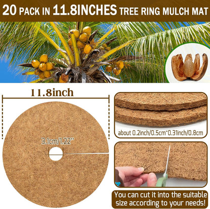ZeeDix 20 Pack 12 Inch Coconut Fiber Mulch Ring, 100% Natural Coco Coir Tree Ring Mulch Mat Plant Protector Mat, Coconut Coir Discs Plant Pot Soil Cover for Indoor Outdoor Plants, Garden Decoration