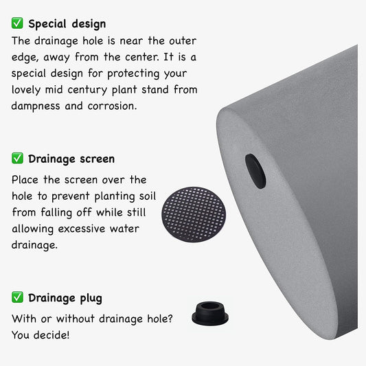 FaithLand Plant Pot 12 inch - Perfectly Fits Mid-Century Modern Plant Stand - Drainage Plug - Gray Planter Pot