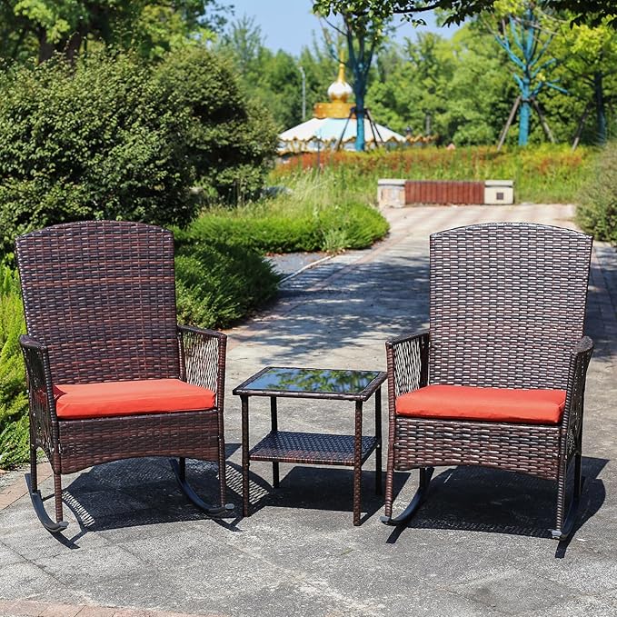 DECMICO Outdoor Rattan Wicker Rocking Chair 3 Pieces Patio Conversation Furniture Bistro Sets with Side Table and Cushions for Porch Garden and Balcony