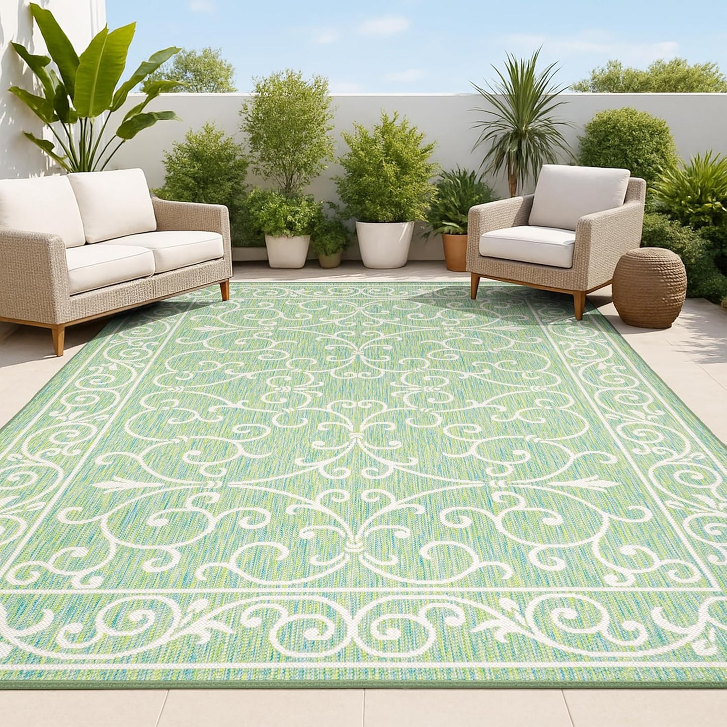 JONATHAN Y SMB106K-4 Charleston Vintage Filigree Textured Weave Indoor Outdoor Area Rug, Classic Traditional Easy-Cleaning,Bedroom,Kitchen,Backyard,Patio,Non Shedding, 4 X 6, Green/Ivory