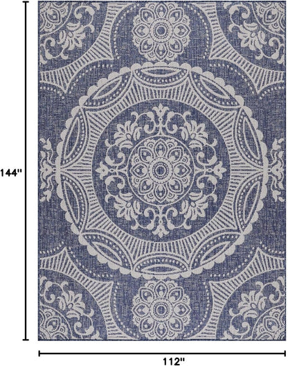 Medallion Outdoor Rug 9x12 Washable Outside Carpet for Indoor Patio Porch Waterproof Easy Cleaning Non Shedding Area Rugs Blue 9 x 12