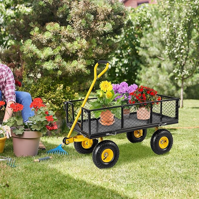 Utility Garden Cart, 900 lbs Capacity Heavy Duty Wagon Cart with Rotating Handle, Removable Sides & 10" Wheels, Metal Utility Cart for Outdoor Hauling & Gardening