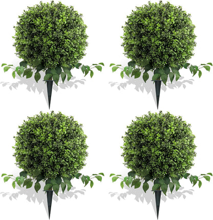 28" Artificial Boxwood Ball Bush, UV Resistant Topiary Tree Faux Boxwood Ball Shaped Porch Bushes with Ground Spike Artificial Bushes for Outdoors Front Door Decor Home Garden