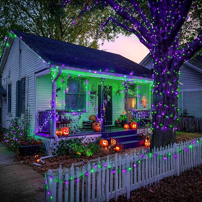 JMEXSUSS 2 Pack Purple and Green Halloween Lights, Total 400 LED 151FT Solar Halloween Lights Outdoor Waterproof, 8 Modes Solar Christmas String Light for Outside Tree Patio Decorations