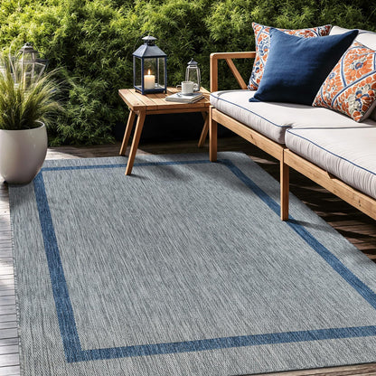 Bordered Outdoor Rug 9x12 Washable Outside Carpet for Indoor Patio Porch Waterproof Easy Cleaning Non Shedding Area Rugs Silver Gray - Blue 9 x 12