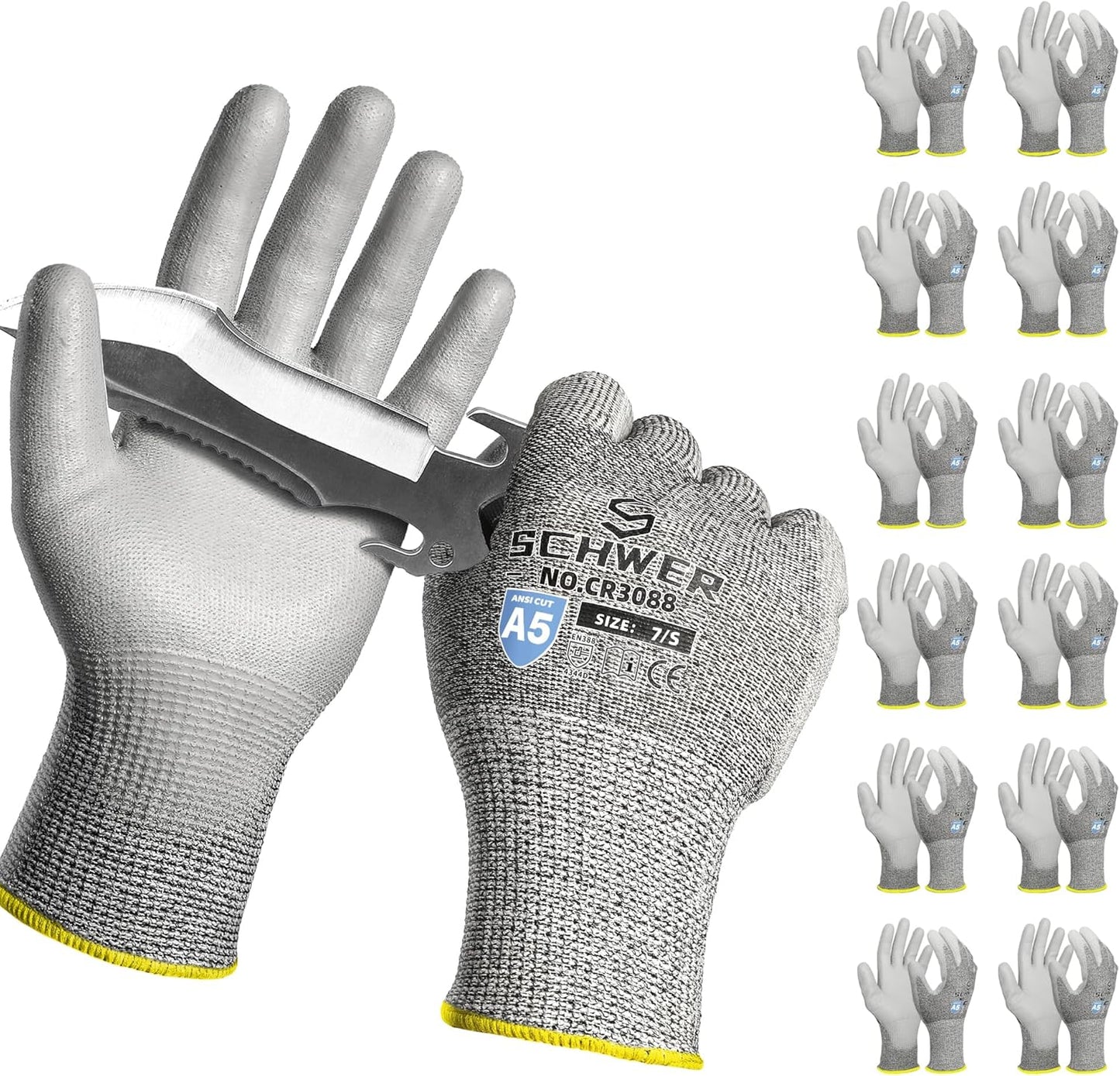 240 Pairs ANSI A5 Cut Resistant Work Gloves, Cut Proof Gloves with PU Coating, Used for Metal Fabrication, WoodWorking, Construction, Non Slip, Durable, S, CR3088