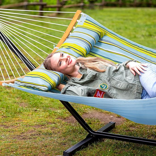 SUNCREAT Portable Outdoor Hammock with Stand Included, Double Hammock with Stand for Outside, Yellow Blue