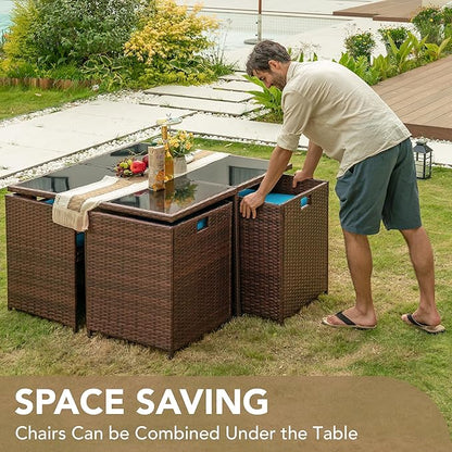 Devoko 9 Pieces Patio Dining Sets Outdoor Space Saving Rattan Chairs with Glass Table Patio Furniture Sets Cushioned Seating and Back Sectional Conversation Set (Blue)