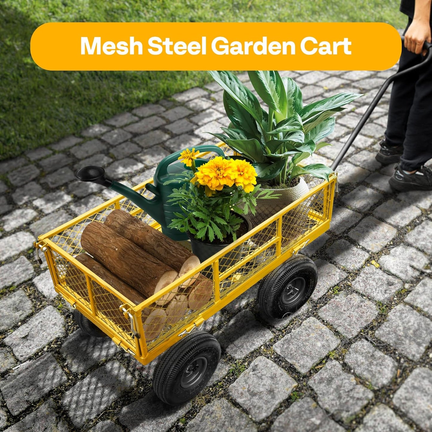 VIVOHOME Steel Garden Cart Heavy Duty 880 Lbs Capacity Folding Utility Wagon with Removable Sides and 10 inch Wheels (Yellow)