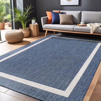 Bordered Outdoor Rug 8x10 Washable Outside Carpet for Indoor Patio Porch Waterproof Easy Cleaning Non Shedding Area Rugs Blue 8 x 10
