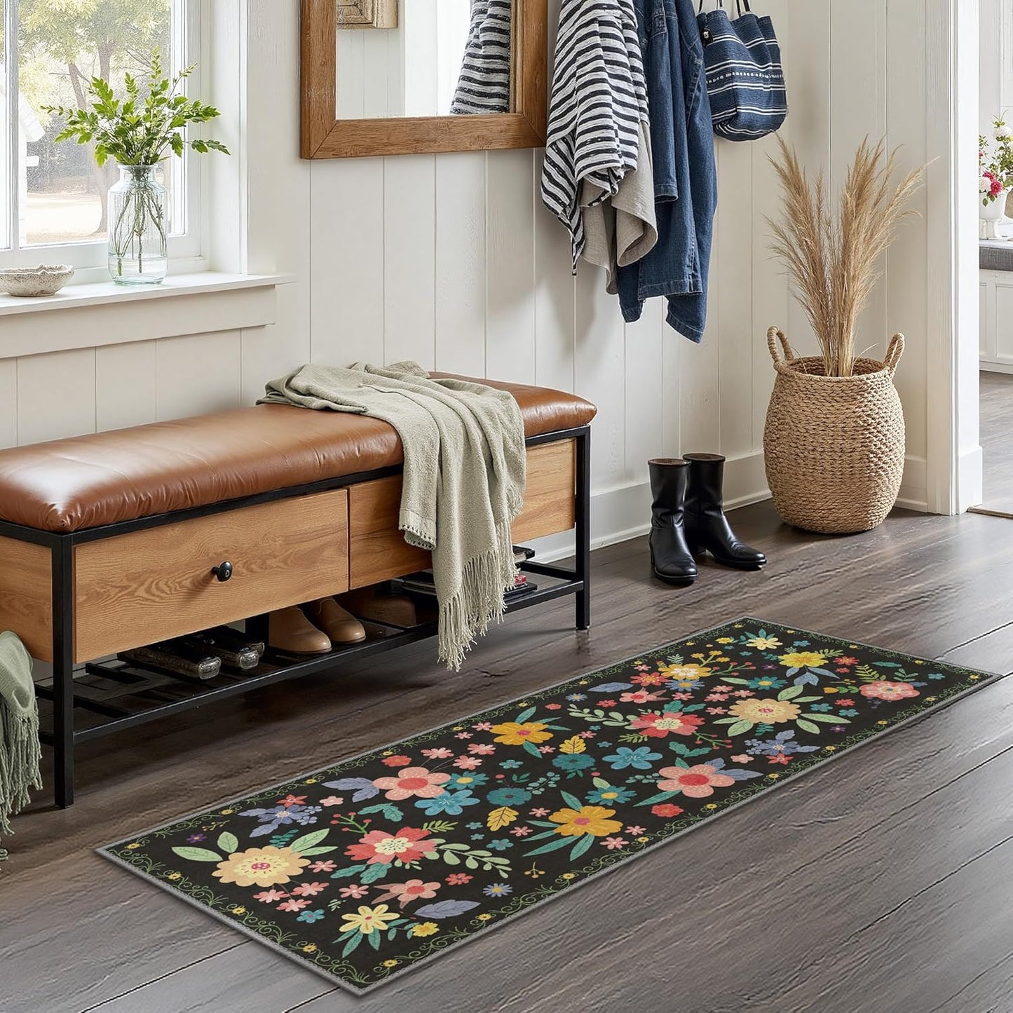 GENIMO Indoor Outdoor Area Rug 2' X 5' Waterproof, Washable Runner Rug Non Shedding, Easy Cleaning Floral Outdoor Carpet for Patio, Living Room, Bedroom, Entryway, Porch, Dining Room, Black