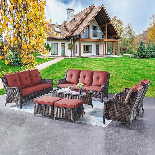 Rilyson Wicker Patio Furniture Sofa Set - 7 Piece Rattan Outdoor Patio Sectional Conversation Sets with 2 Sofa,2 Armrest Chairs,1 Coffee Table and 2 Ottomans for Porch Deck Garden(Brown/Red)
