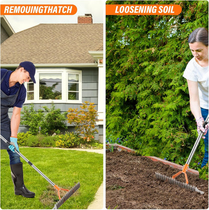 62" Adjustable Thatch Rake - 19-Tine Lawn Dethatcher with Nickel Steel Tines, Heavy Duty Ergonomic Handle for Spring Lawn Care, Soil Aeration & Yard Cleanup&Turf Renovation (Silver)