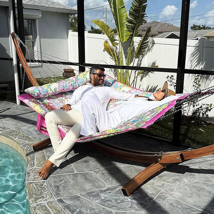 Lazy Daze Hammocks 12 FT Quilted Fabric Hammock with Curved Aluminium Spreader Bar, Outside Double Thickened Hammock with Soft Pillow, Side Pocket 450 Lbs Capacity for Patio, Poolside, Floral