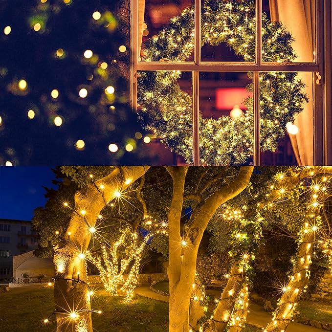 2Pack-300LED Solar String Lights, 112Ft Solar String Lights Outdoor with 8 Modes ，Solar Christmas Lights Outdoor Waterproof for Yard, Fence,Balcony, Party,Christmas Tree Decorations (Warm White)