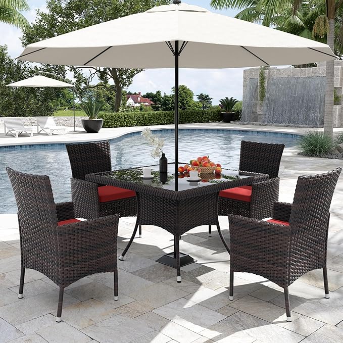 Kurapika 5-Piece Patio Furniture Outdoor Dining Set, Wicker Rattan Patio Dining Table and Chairs Set, Square Tempered Glass Tabletop with Umbrella Hole and 4 Chair Set, Red