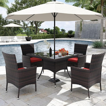 Kurapika 5-Piece Patio Furniture Outdoor Dining Set, Wicker Rattan Patio Dining Table and Chairs Set, Square Tempered Glass Tabletop with Umbrella Hole and 4 Chair Set, Red