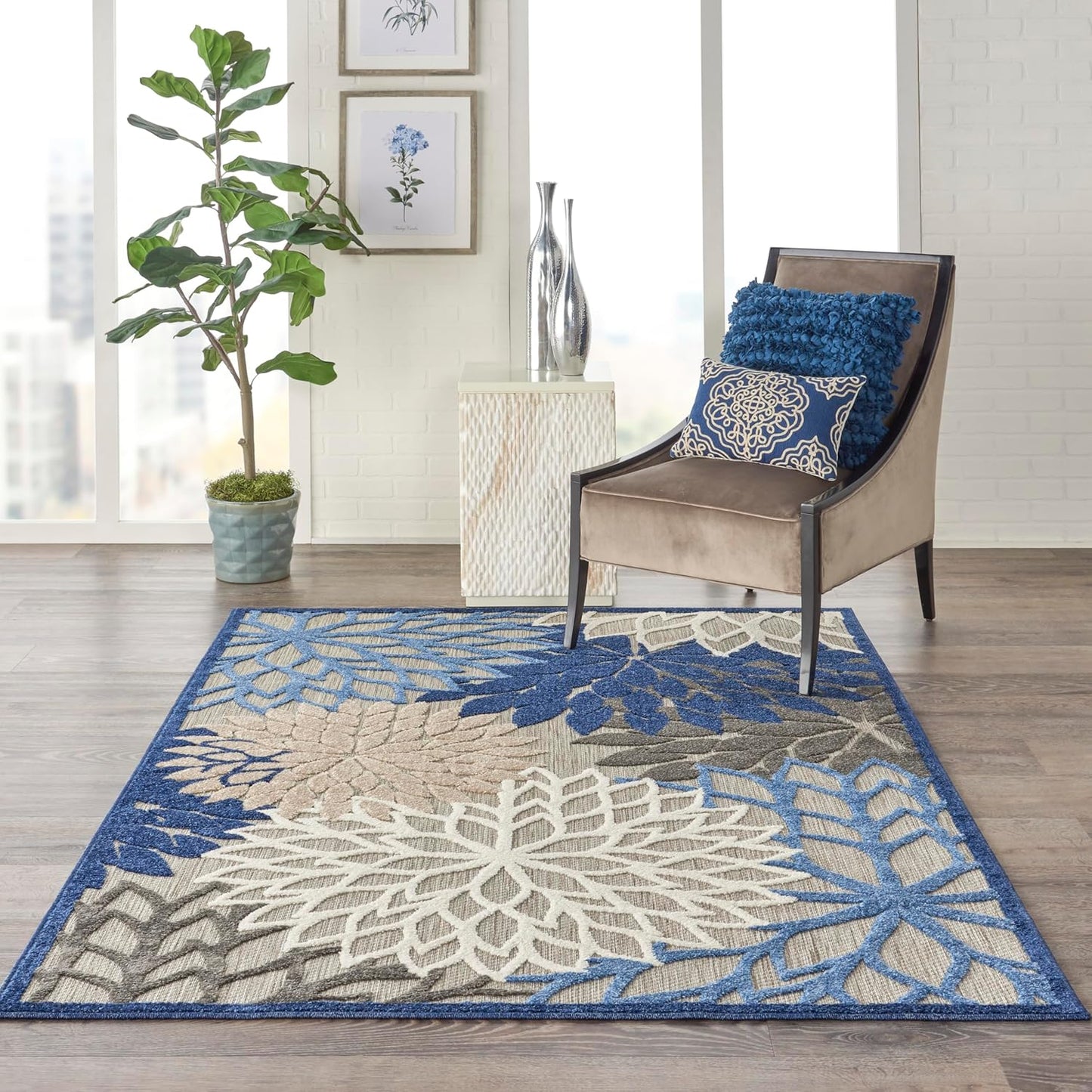 Nourison Aloha Indoor/Outdoor Blue/Multicolor 6' x 9' Area Rug, Easy Cleaning, Non Shedding, Bed Room, Living Room, Dining Room, Deck, Backyard, Patio (6x9)