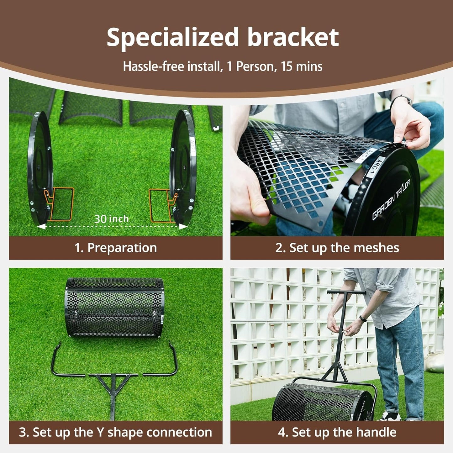 Compost Spreader 30 Inch Peat Moss Spreader with Installation Support Accessories, Metal Mesh Roller Lawn Spreader for Top Soil, Manure, Mulch, Top Dressing - Garden spreaders for lawns