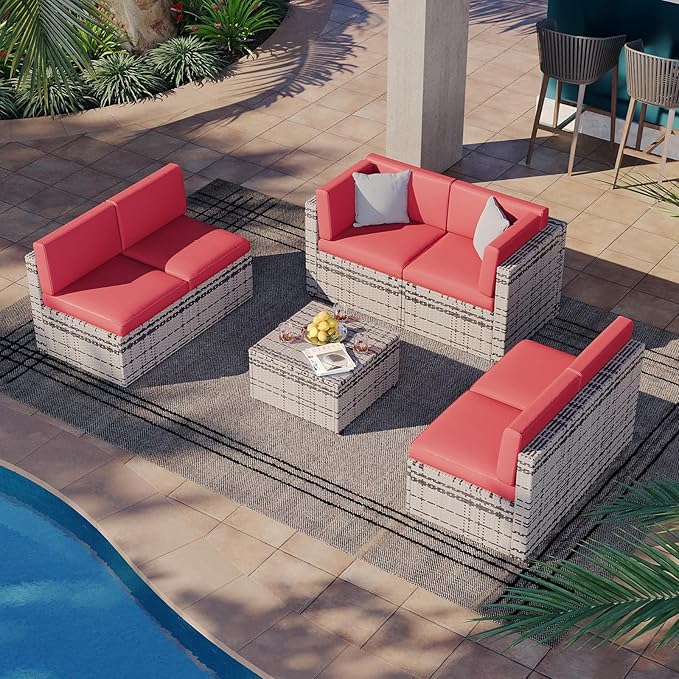 Aoxun Outdoor Replacement Cushions for Patio Furniture, Waterproof Sofa Cushion for 6-Seat Rattan Wicker Sectional Patio Conversation Sets, 14-Piece Cushions Set for L-Shape Couch, Wine