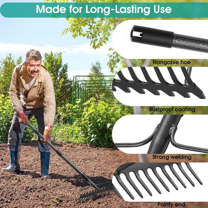 Garden Rake:63 Inch Metal Garden Leaf Rake with 17 Tines, Heavy Duty Bow Rakes for Lawn Yard Leaves Debris Mulch Gravel Thatch Clean,Lawn Care Gardening Landscaping