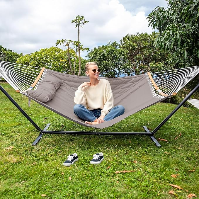 SUNCREAT Hammocks Portable Hammock with Frame, Backyard Double Hammock with Curved Spreader Bar, Brown