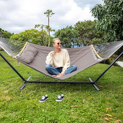 SUNCREAT Hammocks Portable Hammock with Frame, Backyard Double Hammock with Curved Spreader Bar, Brown