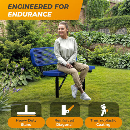 Heavy-Duty Outdoor Metal Bench, Thermoplastic-Coated, Inground, Weatherproof, Commercial-Grade for Parks, Gardens, Patios, Stores & More (4 Ft - Inground with Back, Blue)