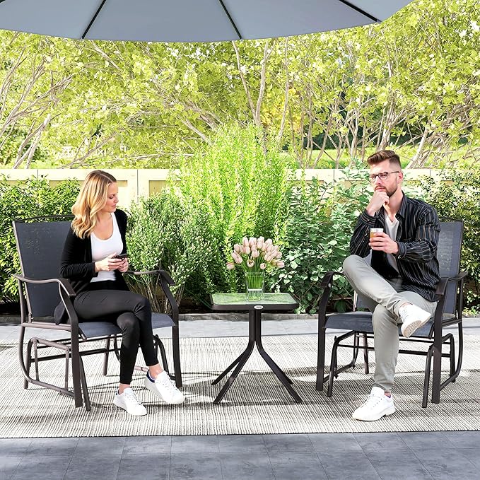 Outsunny 3 Piece Outdoor Glider Chair with Coffee Table Bistro Set, 2 Patio Rocking Swing Chairs with Breathable Sling Fabric, Glass Tabletop, for Backyard, Garden and Porch, Gray