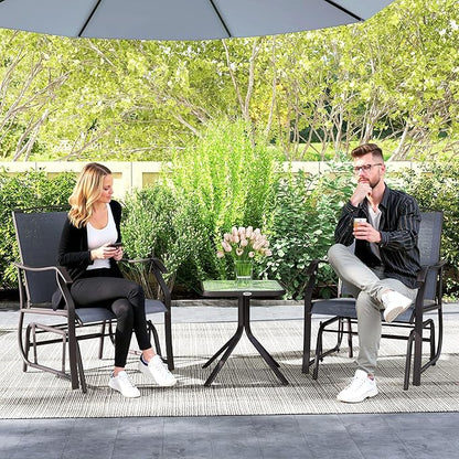 Outsunny 3 Piece Outdoor Glider Chair with Coffee Table Bistro Set, 2 Patio Rocking Swing Chairs with Breathable Sling Fabric, Glass Tabletop, for Backyard, Garden and Porch, Gray