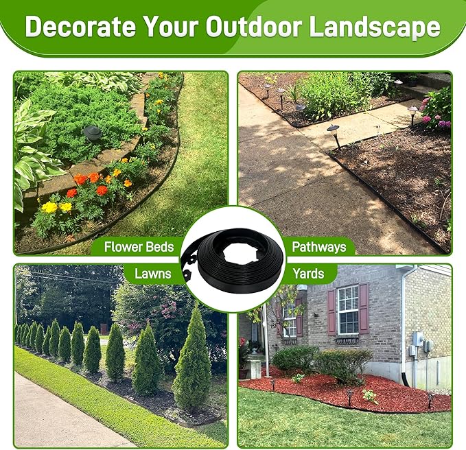 2 Inch x 50FT Landscape Edging Border with 45 Anchoring Spikes, No Dig Garden Border Edging Kit, Plastic Lawn Edging Border for Landscaping Garden Flower Beds Lawn Yard Paver Pathway, Black