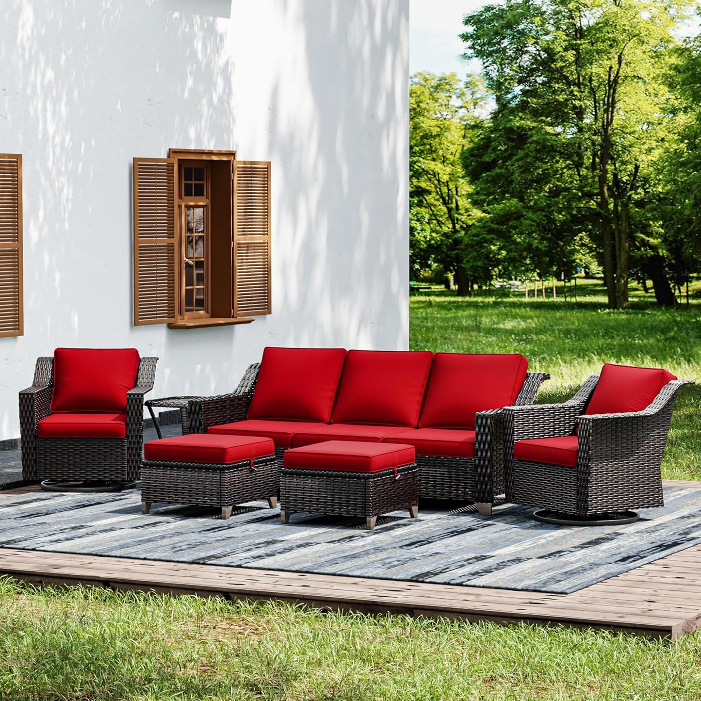 Joyside Wicker Patio Furniture Sets, 6 Pieces Upgraded Large Size Outdoor Furniture with Swivel Rocking Patio Chairs, Outdoor Ottoman, 3-Seat Sofa and Side Table, Thick Cushions, Wide Armrest