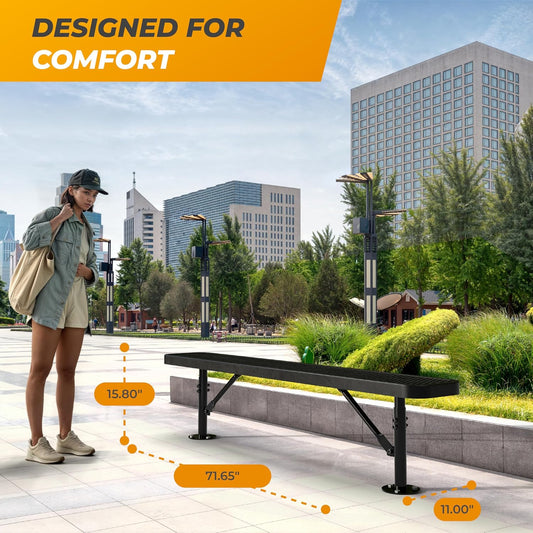 Heavy-Duty Outdoor Metal Bench, Thermoplastic-Coated, Surface, Weatherproof, Commercial-Grade for Parks, Gardens, Patios, Stores & More (6 Ft - Surface, Black)