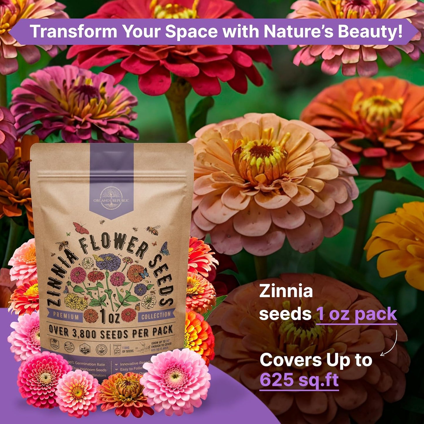Zinnia Seeds Pack 1 oz - Over 3,800 Non-GMO Heirloom Zinnia Seeds for Planting, Annual Flowers in Individual Seed Packet, Flower Seed for Planting Home Garden Indoor & Outdoor Gardening