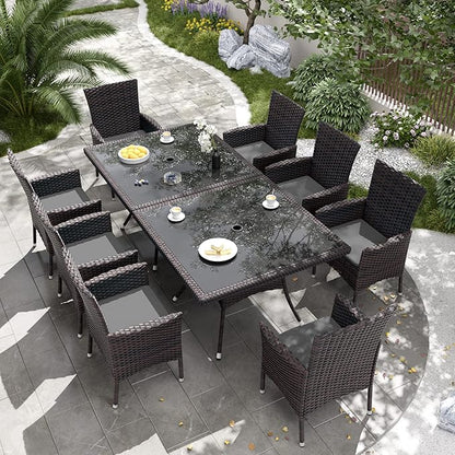 Kurapika 10-Piece Patio Furniture Outdoor Dining Set, Wicker Rattan Patio Dining Table and Chairs Set, Square Tempered Glass Tabletop with Umbrella Hole and 8 Chair Set, Grey